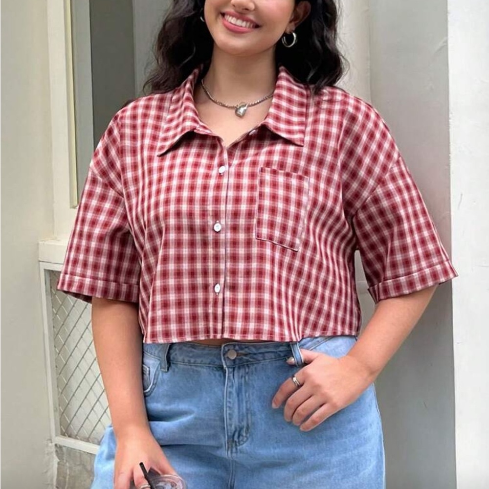 Plaid Button-Up Red Top - Picture 4 of 6